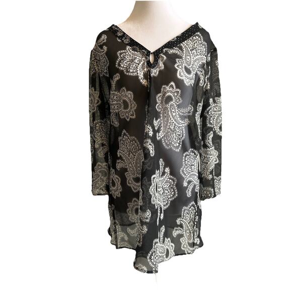 Large Floral Blouse Satin Tunic Boho Sheer artsy Fairy Swim Coverup Witchy Sz 12 - Picture 1 of 7